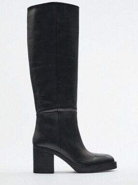 Zara Knee High Block Heel Leather Boot